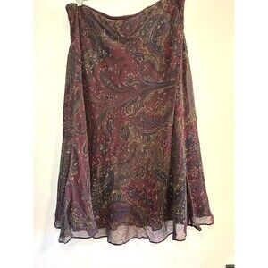 RL Silk Skirt Burgundy Brown Paisley Classic Boho Chic Rich Aunt Knee/Midi XL